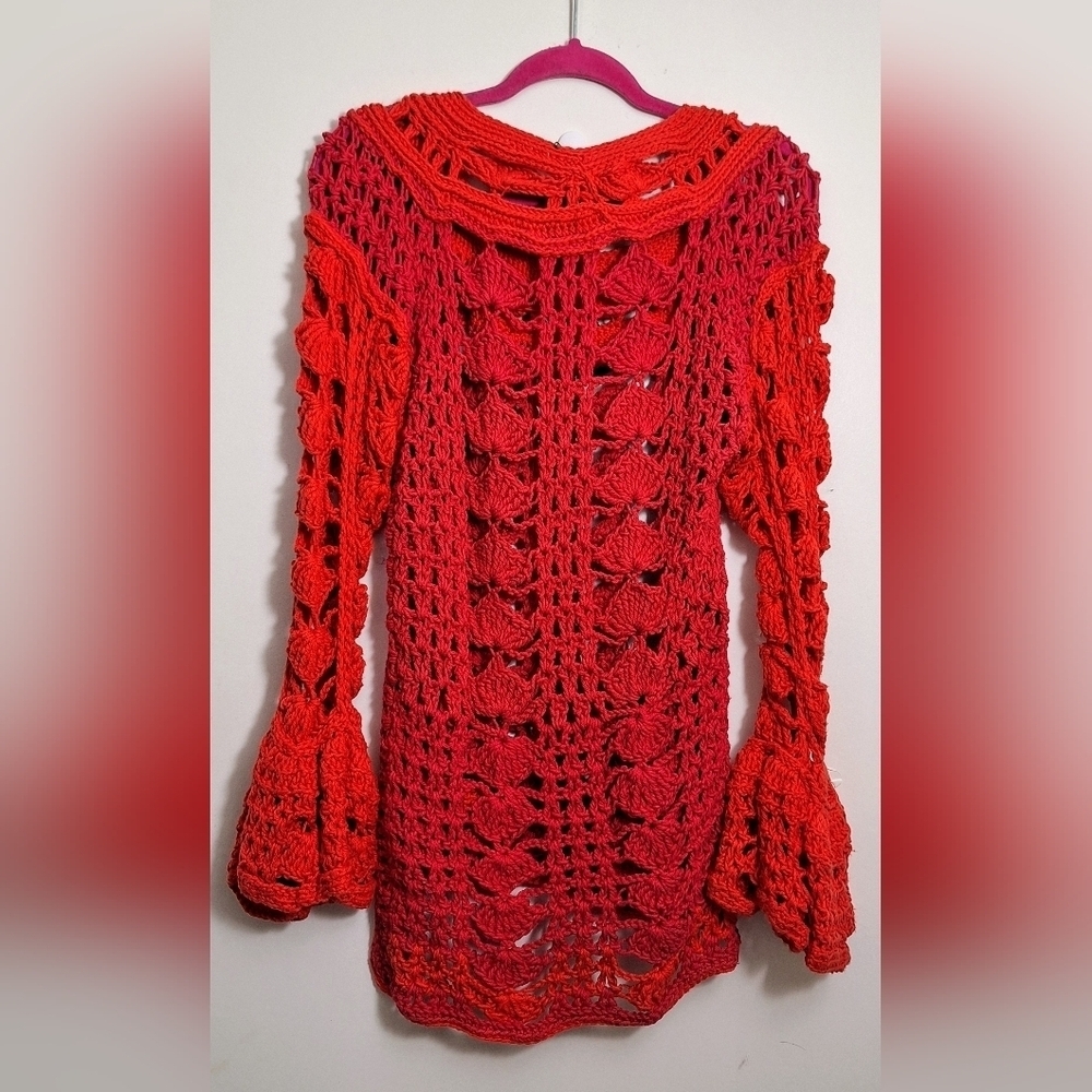 NWT Boho Embossed Crochet Assymetrical Cover-Up/Tunic With Bell Bottom Sleeves - Picture 6 of 8